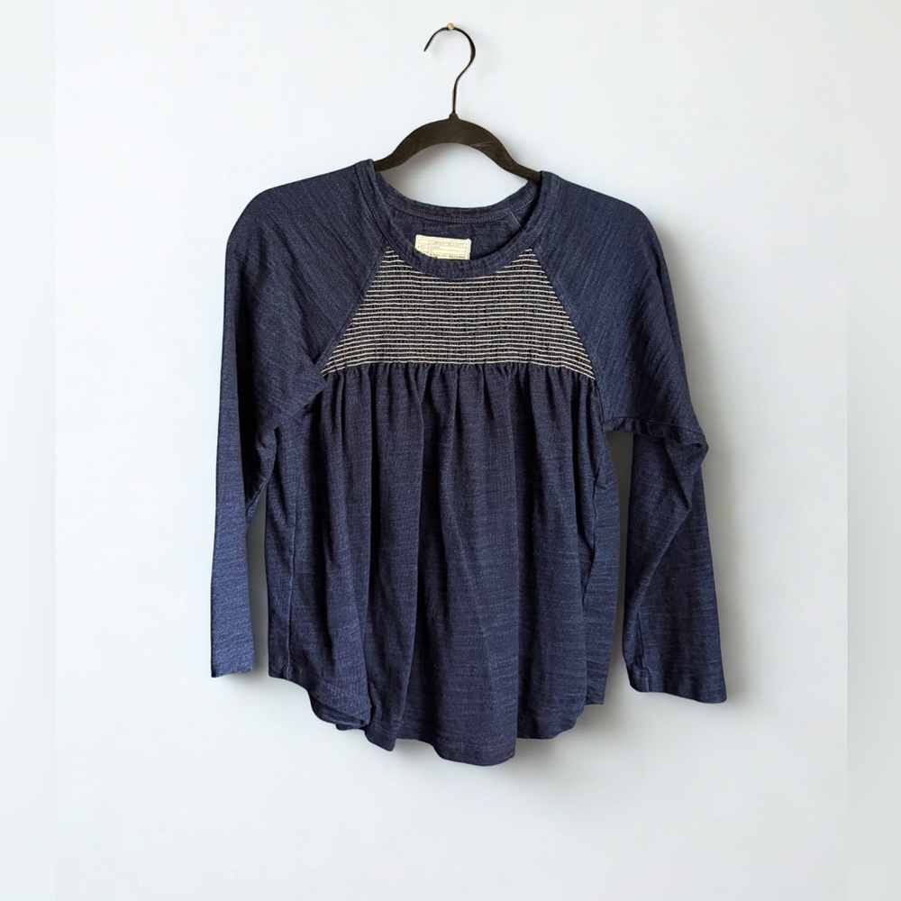 Current/Elliott Navy Blue Long Sleeve Top with Striped Yoke